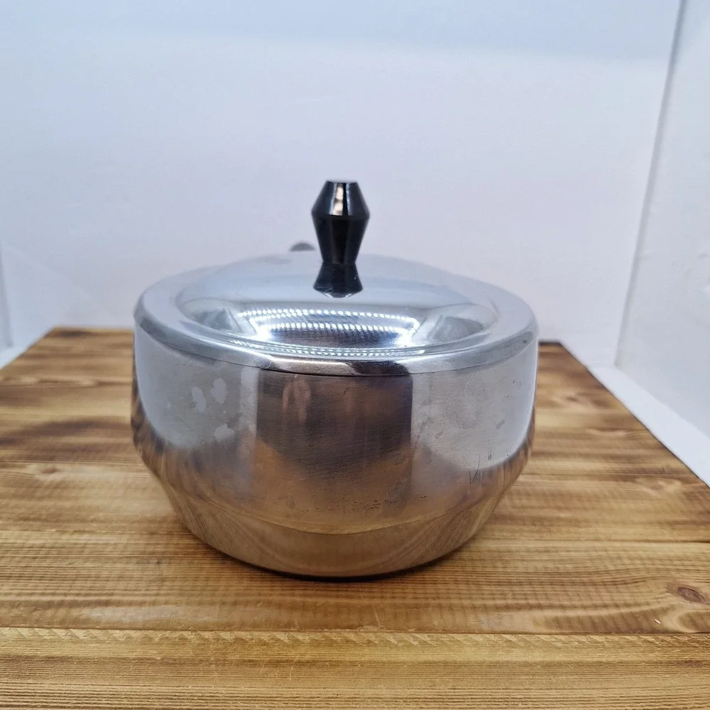 Vintage Japan Stainless Steel Fondue Pot‎ Black Handle w/lid